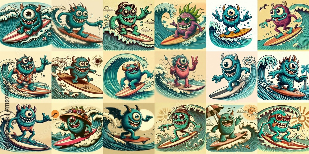Cartoon style monster surfer. AI generated illustration