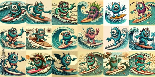 Obraz na płótnie Cartoon style monster surfer. AI generated illustration w salonie