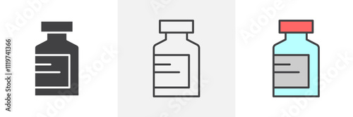 Vaccine vial icon collection in black and colored style.