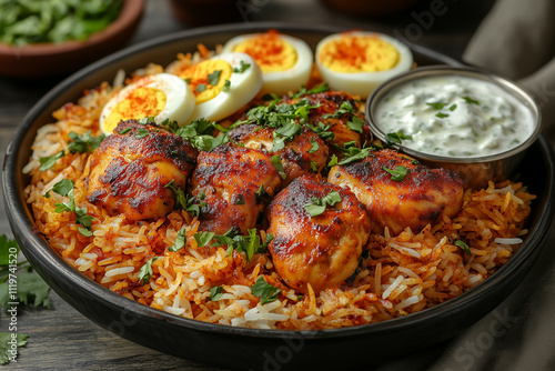 A fragrant and colorful plate of chicken biryani