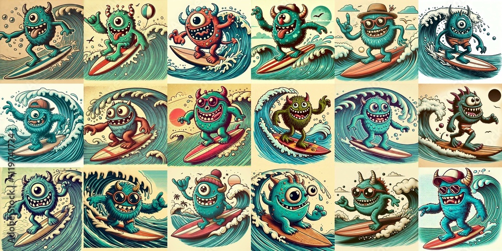 Cartoon style monster surfer. AI generated illustration