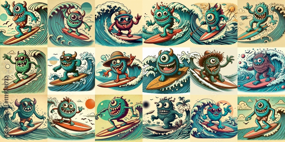 Cartoon style monster surfer. AI generated illustration