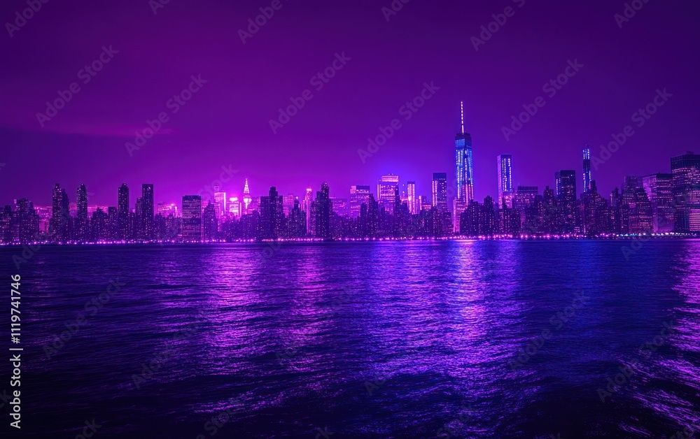 Fototapeta premium A city skyline at night, illuminated by vibrant purple lights on the buildings