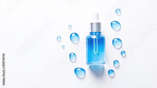 Blue Serum Bottle with Droplets on White Background