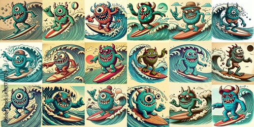 Obraz na płótnie Cartoon style monster surfer. AI generated illustration w salonie