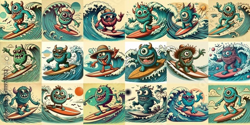 Obraz na płótnie Cartoon style monster surfer. AI generated illustration w salonie