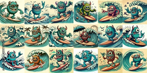 Cartoon style monster surfer. AI generated illustration