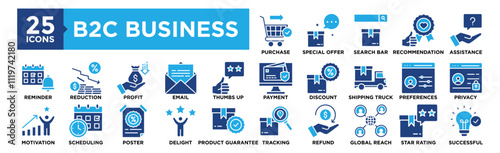 B2C Business icon collection set. Containing design Purchase, Special Offer, Search Bar, Recommendation, Assistance	