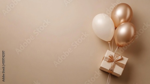 Gift Box with Balloons on a Beige Background