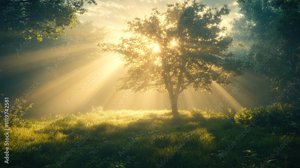 Sunbeams illuminating a lone tree in a misty meadow. Sunbeams illuminating a lone tree in a misty meadow.