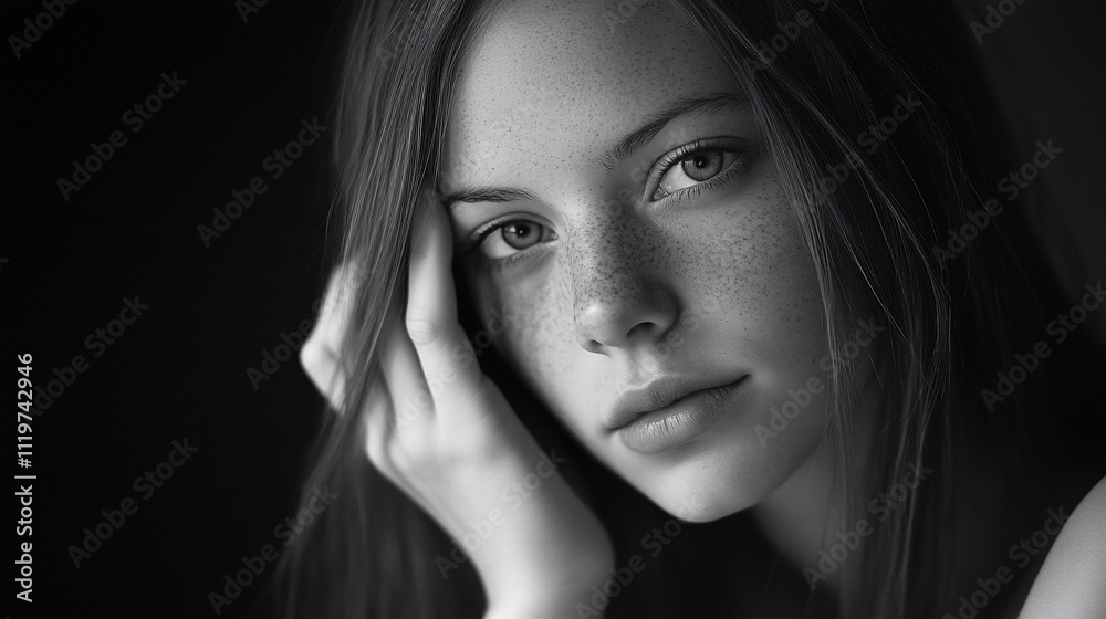 Pensive freckled girl portrait in monochrome. Pensive freckled girl portrait in monochrome.