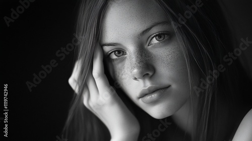 Pensive freckled girl portrait in monochrome.