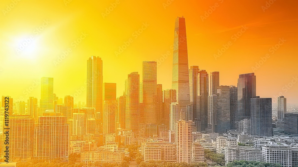 Vibrant Sunset Over a Modern City Skyline with High Rise Buildings and Clear Sky Vibrant Sunset Over a Modern City Skyline with High Rise Buildings and Clear Sky