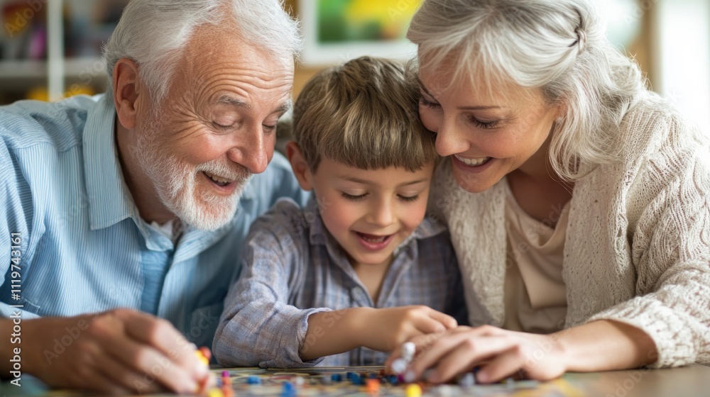 Happy grandparents and grandson playing a board game together at home. Happy grandparents and grandson playing a board game together at home.