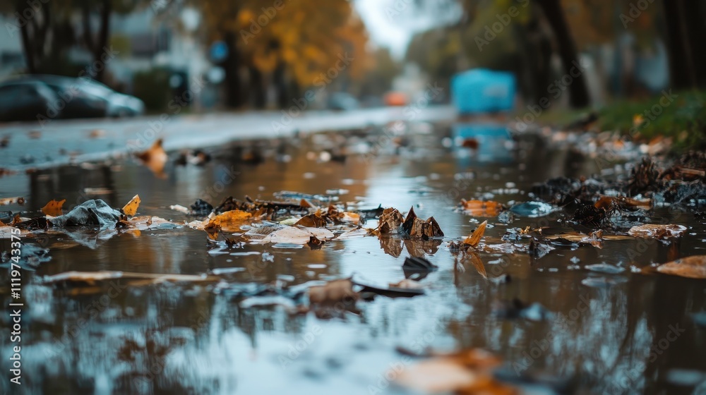 Autumn Leaves Floating on Puddle After Rain Autumn Leaves Floating on Puddle After Rain