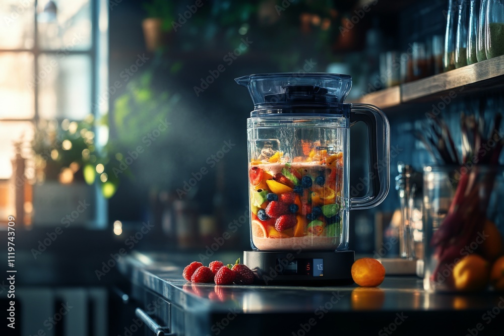 A vibrant blender filled with colorful fruits sits on the countertop. The kitchen is alive with light and warmth creating a cozy atmosphere. Generative AI A vibrant blender filled with colorful fruits sits on the countertop. The kitchen is alive with light and warmth creating a cozy atmosphere. Generative AI