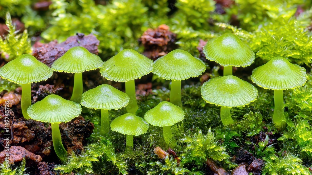 Close-up View of Luminous Green Mushrooms on Mossy Forest Floor in Natural Habitat Close-up View of Luminous Green Mushrooms on Mossy Forest Floor in Natural Habitat