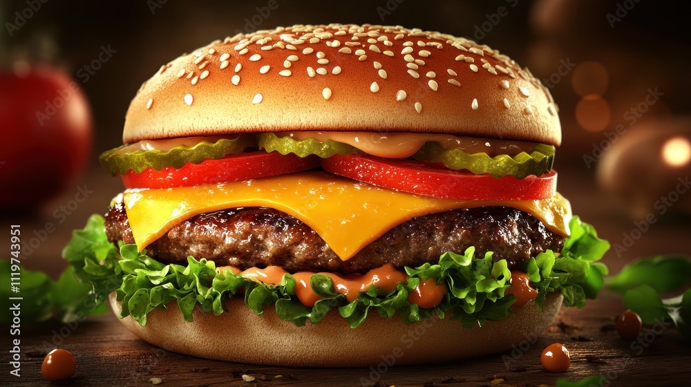 Close-up of a delicious cheeseburger with lettuce, tomato, pickles, and cheese on a sesame seed bun. Close-up of a delicious cheeseburger with lettuce, tomato, pickles, and cheese on a sesame seed bun.