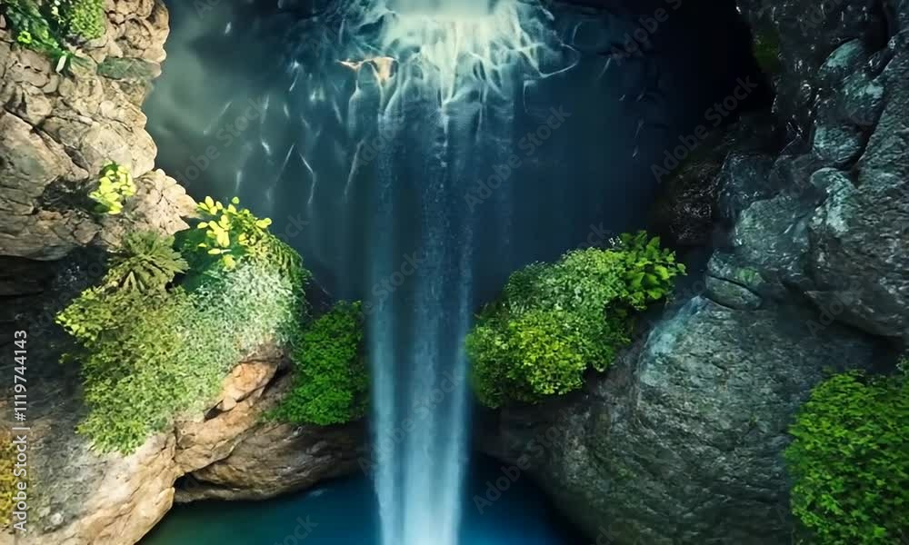 A serene waterfall cascading into a tranquil pool, surrounded by lush greenery.