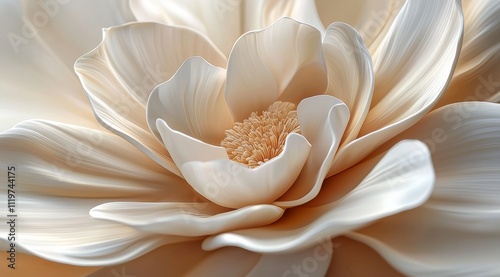 Elegant close-up of a delicate flower in soft beige tones with intricate petal shapes on a brown background. 