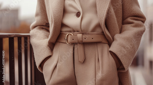 Close-up of monochrome outfits featuring coffee with milk colors styled with simple accessories for a timeless look. 