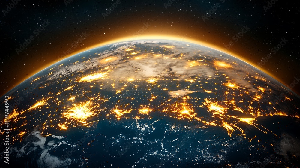 Obraz premium A stunning image of Planet Earth taken from space at night, showcasing the illuminated lights of cities and towns around the globe, with North America seamlessly connected to the rest of the world