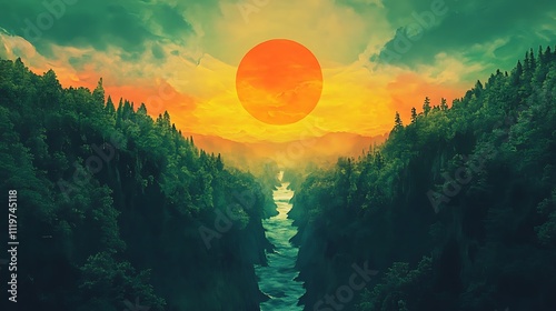Enormous Sunset Over a River Valley - Digital Landscape Painting. AI Generated