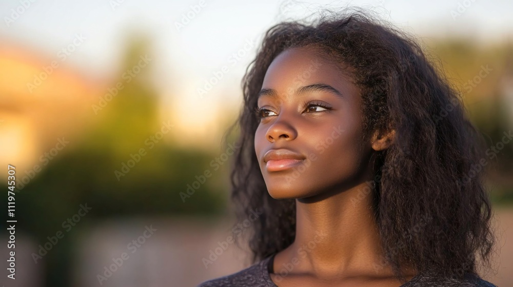Pensive young Black woman looking away. Pensive young Black woman looking away.