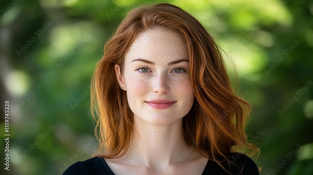 Portrait of a smiling redhead woman with freckles outdoors.