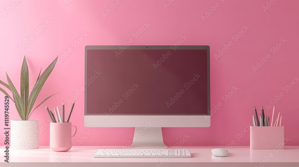 Minimalist home office workspace with pink walls, a white computer, and a plant.