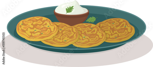 Ukrainian national dish deruny or potato pancakes with a sour cream on the plate. Flat illustration with tasty traditional food	
