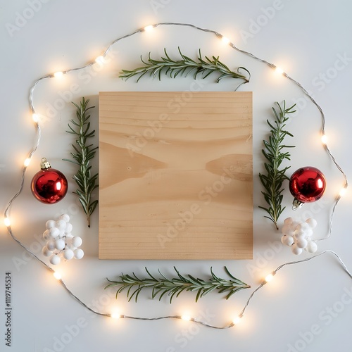 Merry Christmas Greetings, Wooden Merry Christmas Sign, Blank sign with christmas decorations, with pine branches, red ornaments. Blank sign with christmas decorations, holiday background. photo