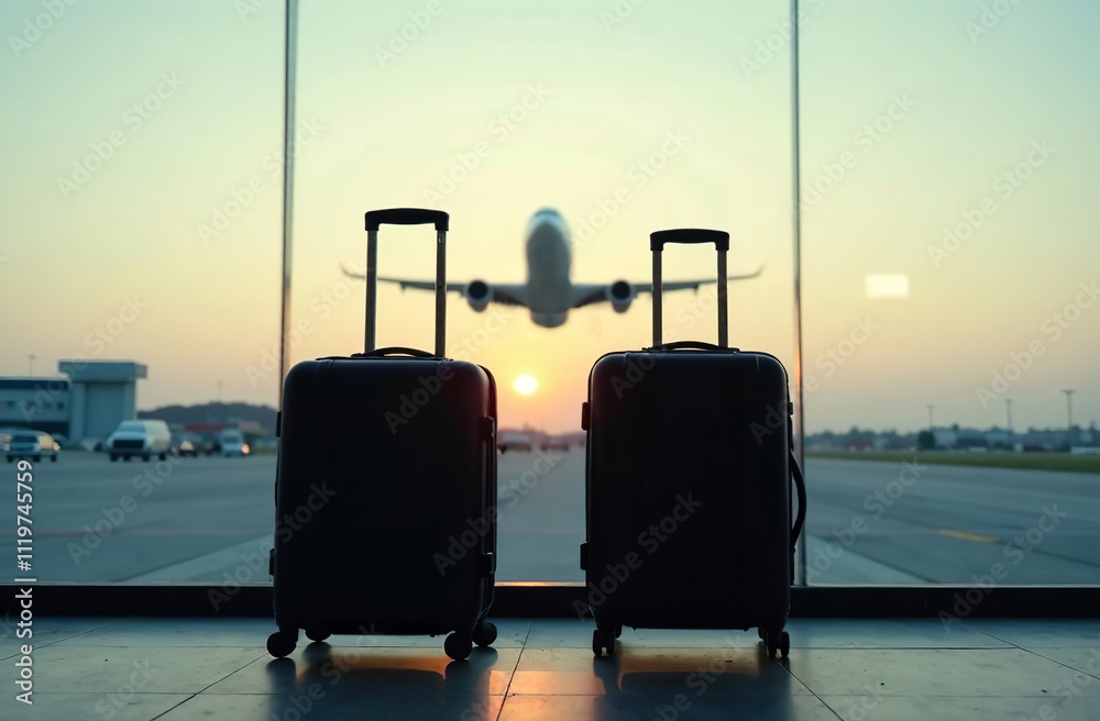Fototapeta premium Two suitcases stand airport, plane taking off, wait departure. AI Generative