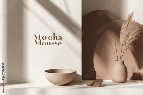 Wallpaper Mural Elegant abstract interior design showcasing mocha mousse color with minimalist decor for product presentation.  Torontodigital.ca