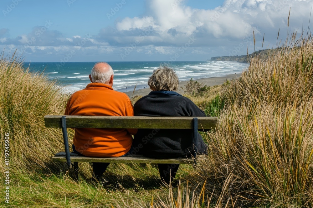 Fototapeta premium Serene Moments: Elderly Couple Enjoying Tranquil Beach View with Nature's Beauty in Background Surrounded by Grassy Dunes Under Bright Blue Sky