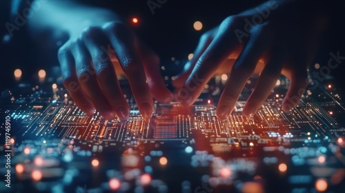 Close-up of hands assembling electronic circuit board