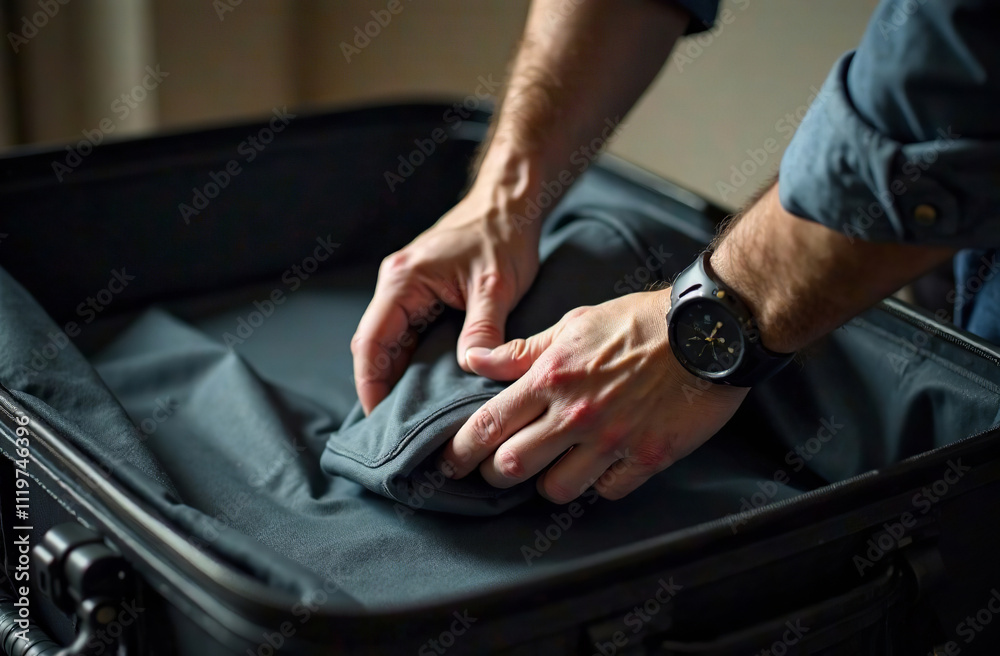 Person packs suitcase for trip, clothes are in the luggage. AI Generative Person packs suitcase for trip, clothes are in the luggage. AI Generative
