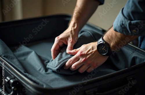 Person packs suitcase for trip, clothes are in the luggage. AI Generative