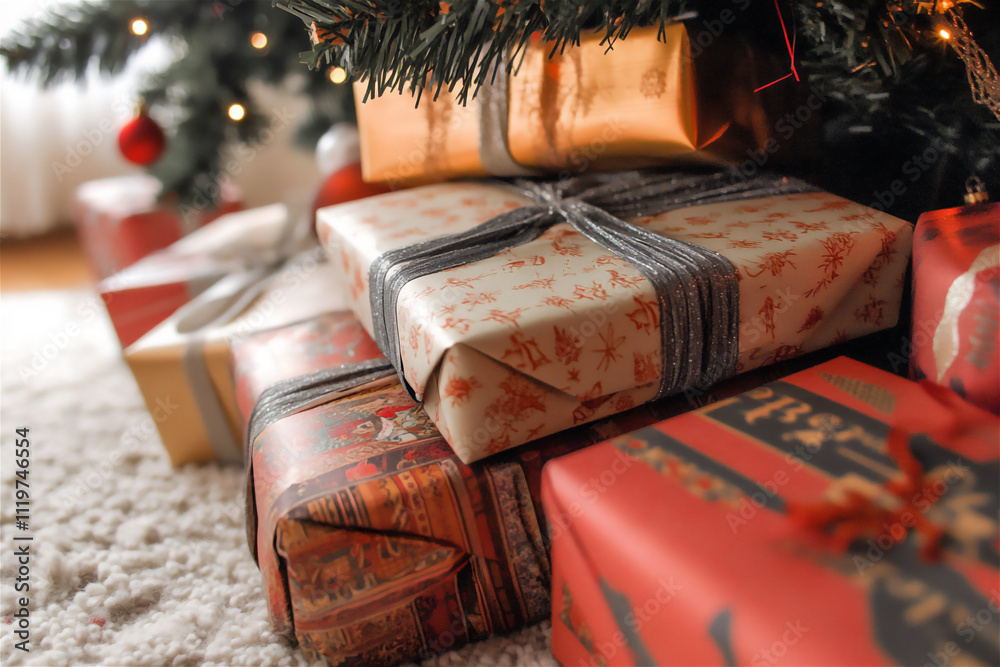 a stack of colorfully wrapped gifts each with