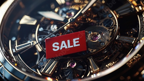 Luxury watch featuring intricate mechanics and a bold sale tag at a retail store photo