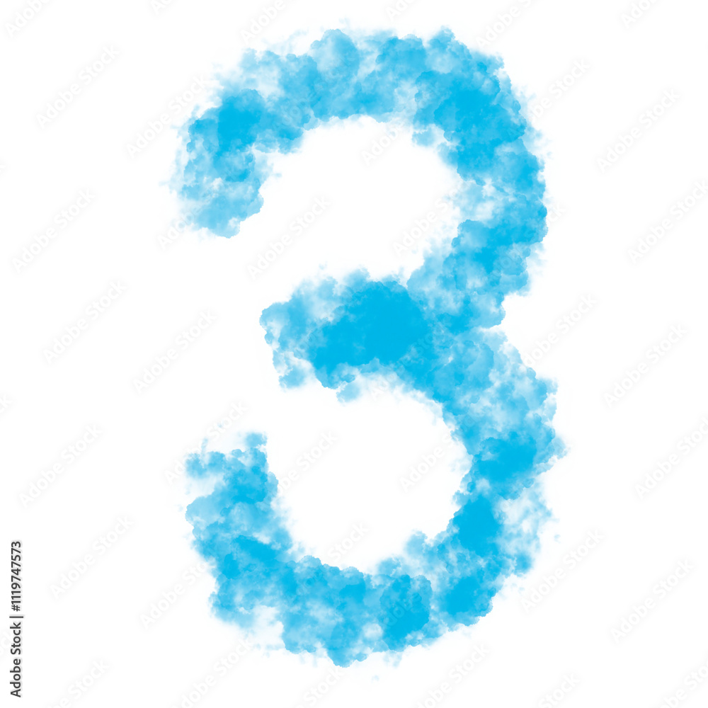 Number three (3) made with Sky or Cloud effect, Fog or smoke isolated on white background, Blue color, Mist or smog Special effect, Abstract, Creative, Illustration design Number three (3) made with Sky or Cloud effect, Fog or smoke isolated on white background, Blue color, Mist or smog Special effect, Abstract, Creative, Illustration design