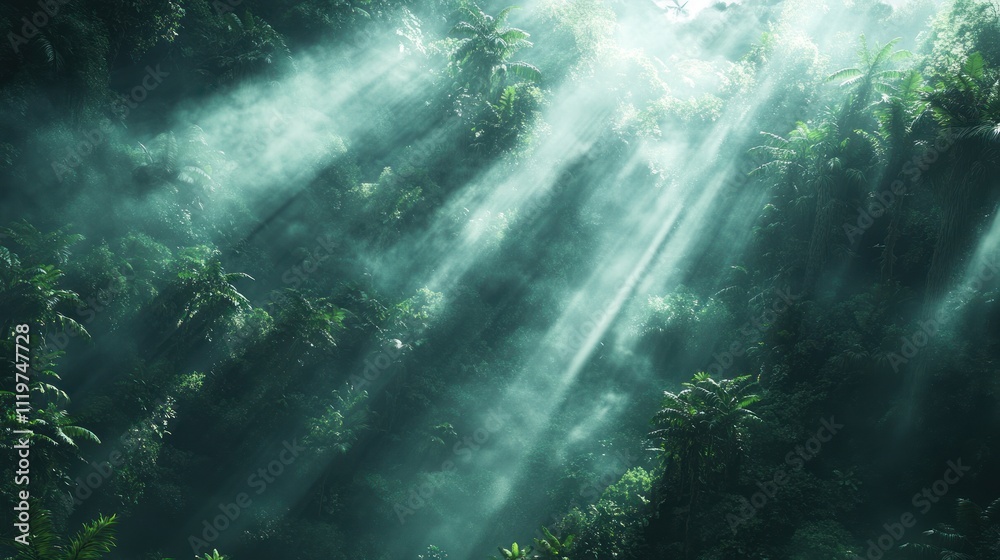 Sunbeams pierce misty jungle canopy. Sunbeams pierce misty jungle canopy.