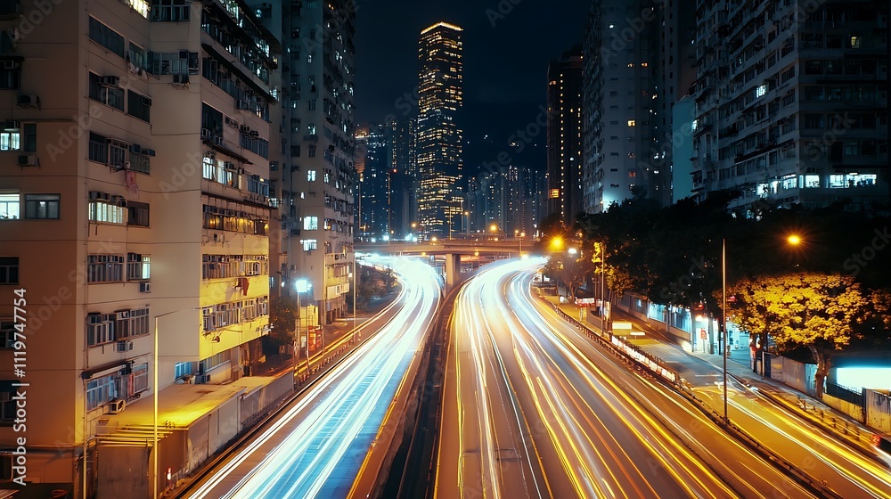 Hong Kong Night: Cityscape Lights Blur at Intersection. AI Generated Hong Kong Night: Cityscape Lights Blur at Intersection. AI Generated