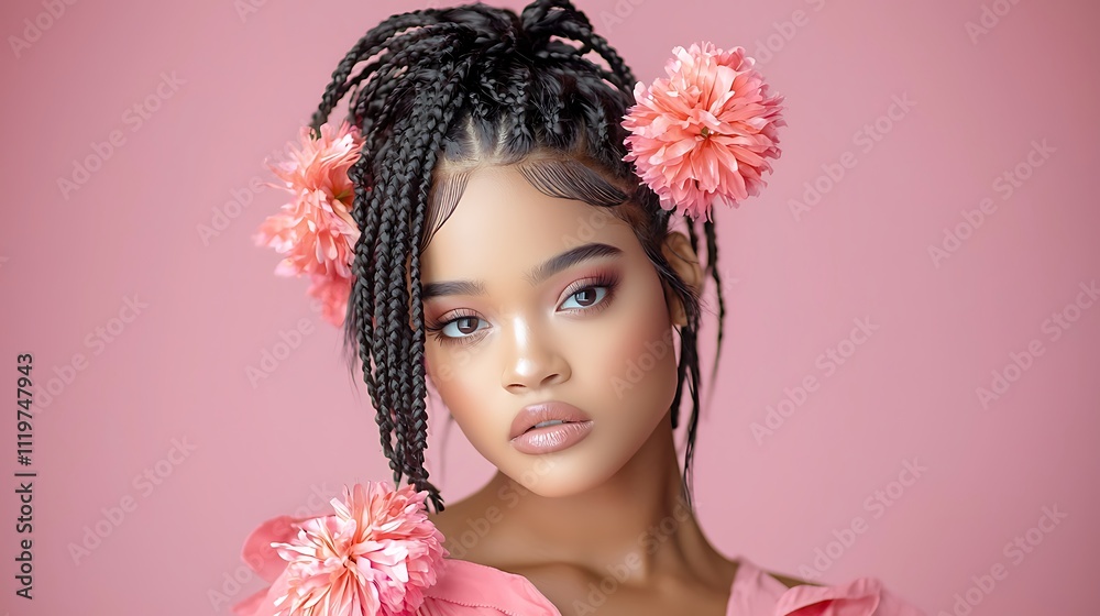 Naklejka premium The portrait features a beautiful young black woman with braided hair styled in a sleek, modern fashion