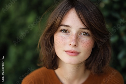 Portrait of a young woman with freckles against a natural backdrop.