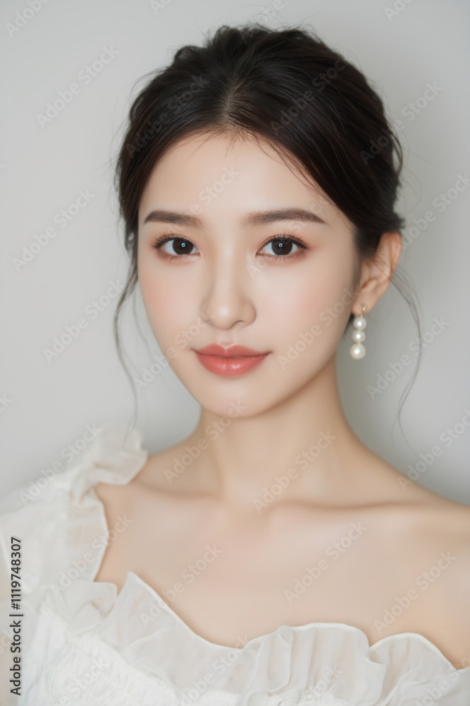 Elegant Asian Woman in White Off-Shoulder Top Portrait Elegant Asian Woman in White Off-Shoulder Top Portrait
