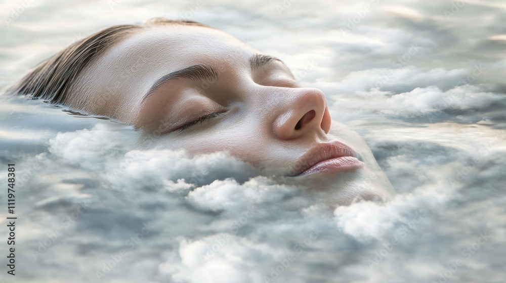 Fototapeta premium Woman's face submerged in a cloud-like substance, eyes closed, serene expression.