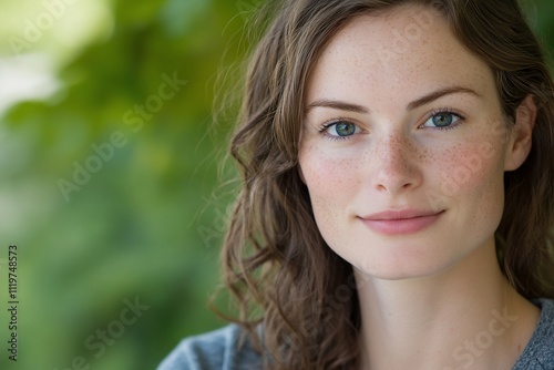 Portrait of a young woman with curly hair and freckles outdoors.