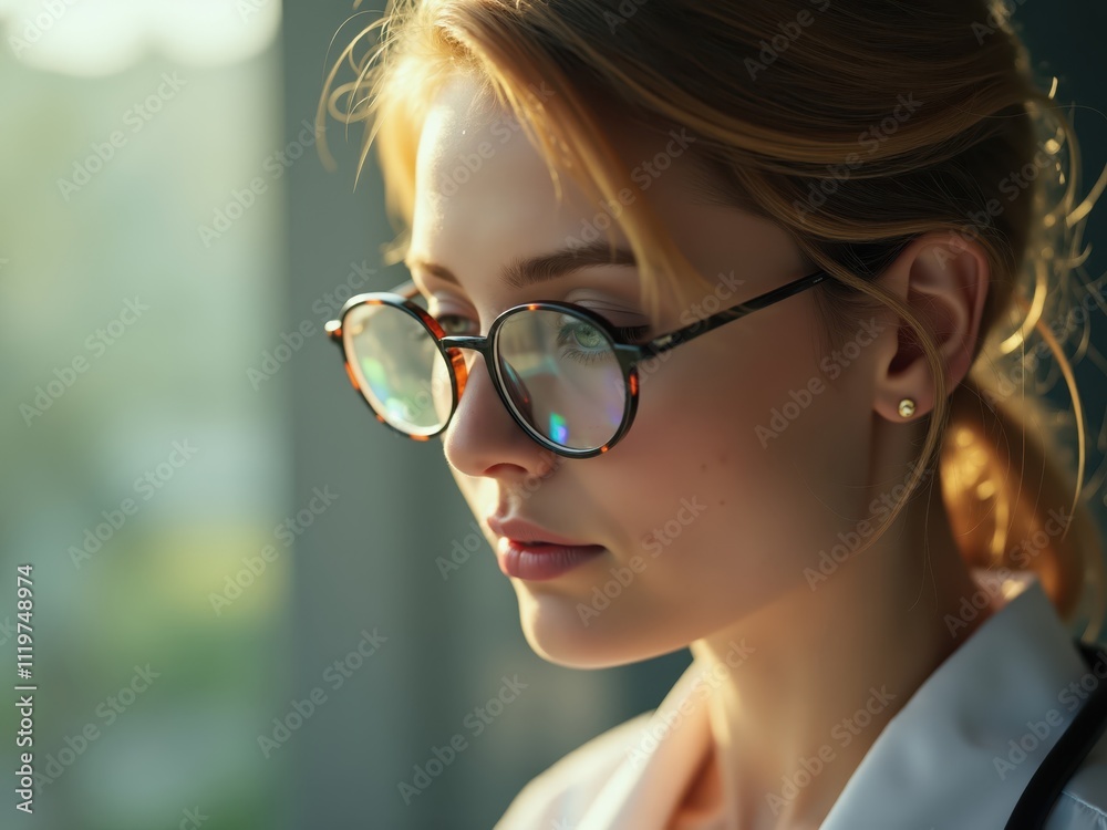 Young doctor wearing glasses is thinking about a diagnosis Young doctor wearing glasses is thinking about a diagnosis