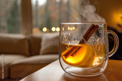 Fototapeta Naklejka Na Ścianę i Meble -  a steaming cup of spiced apple cider garnishe